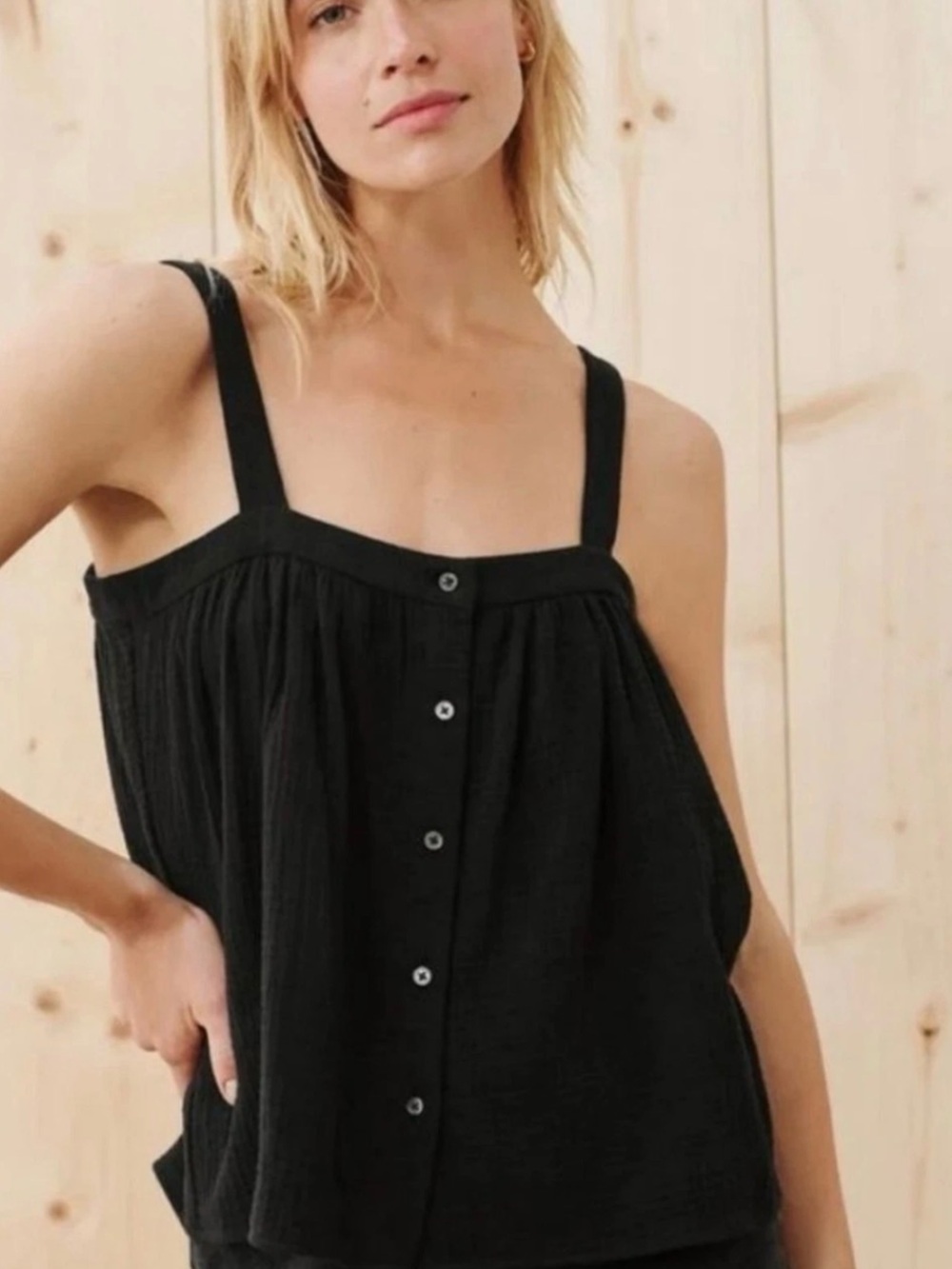 JENNI KAYNE Large Black Cotton Gauze Button Minimalist Front Tank Top Relaxed